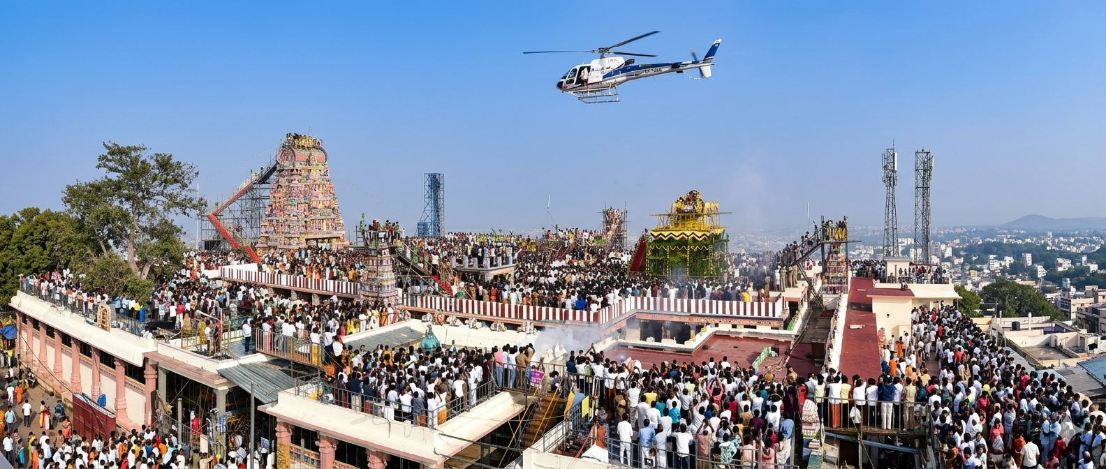 Helicopter charter services in Tirupati for fast, comfortable VIP darshan travel, avoiding crowds, traffic delays and long waiting times at Tirumala temple.